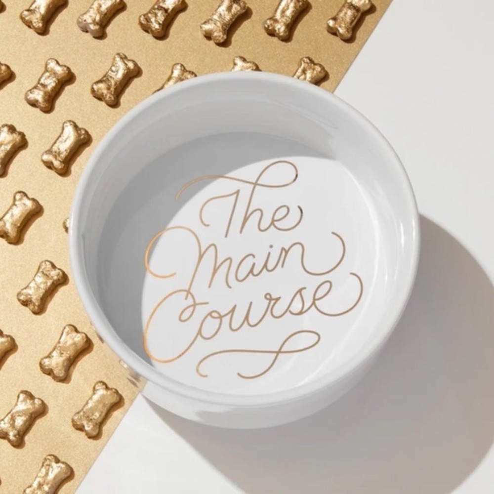 Brass Monkey The Main Course Ceramic Dog Bowl White Gold Elegant 40 oz cap NWT